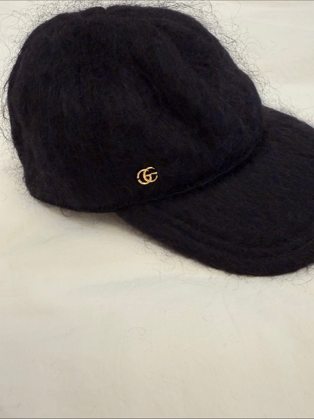 Gucci Black Mohair Baseball Cap with Gold GG Emblem